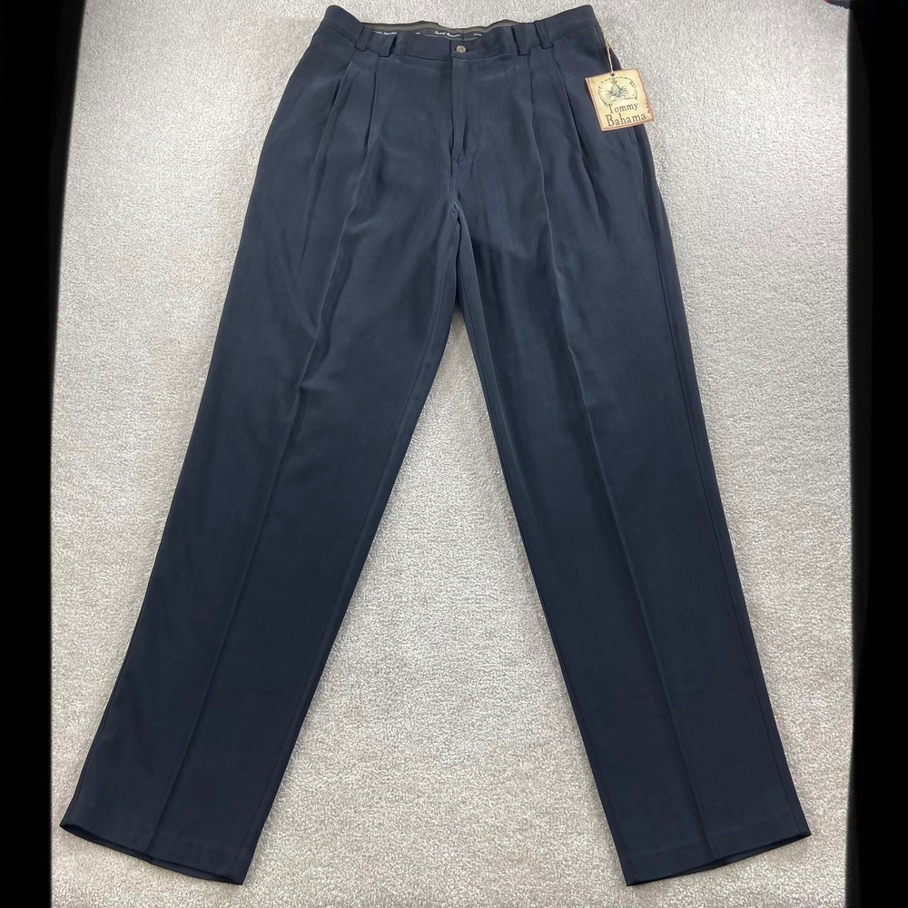 NWT Tommy Bahama The Fishbone Pants Mens 35 Black Silk Pleated Herringbone T1026